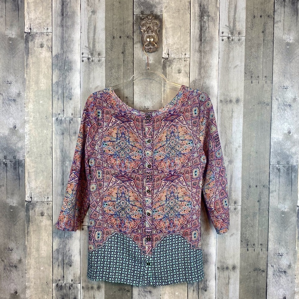 NWOT Anthropologie Maeve Sidney Silk Mosaic Button Back Top in Blue Combo Size 6 - Picture 2 of 9